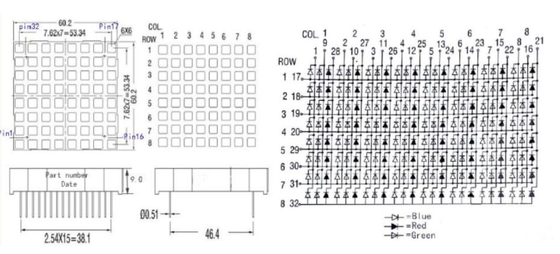l'affichage matriciel carré Dots Matrix des points 8X8 RVB LED de 60X60mm a mené