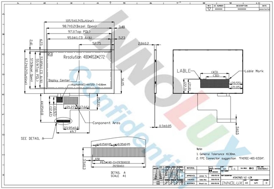 4.3 pouces Innolux LCD Module Panel 480*3RGB*272 affichage TFT numérique anti-éblouissement