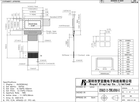 0Module LCD OLED de 49 pouces 64 * 32 avec SSD1315 Monochrome
