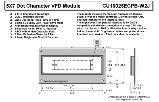 Module VFD 5*7 DOT 2*16 Caractère Cu16025ecpb-W2j Bleu Vert Interface parallèle à 8 bits