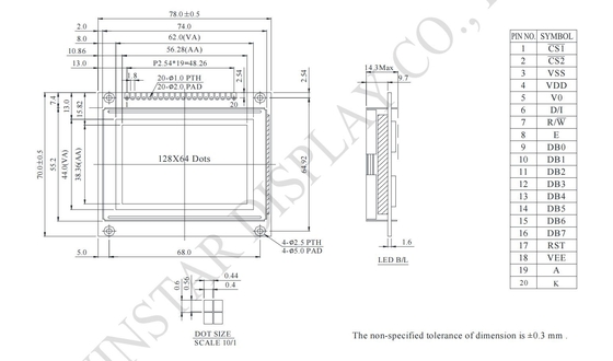 Module LCD monochrome petit graphique 128*64 avec interface NT7107/NT7108 6800 personnalisable