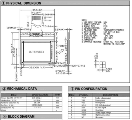 Module graphique LCD 98*64 avec interface I2c St7549 affichage à température positive large