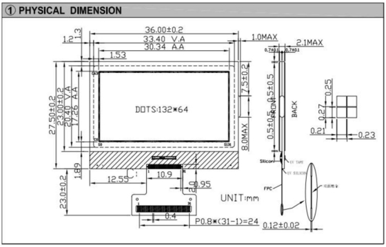 132*64 Module graphique LCD FSTN NT7534 Connecteur FPC Affichage industriel 3,5 V