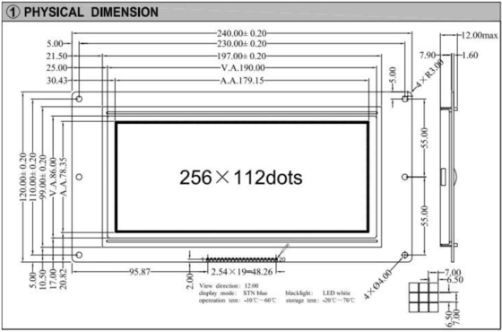256*112 Module LCD graphique 12H STN Affichage industriel à température ambiante bleu