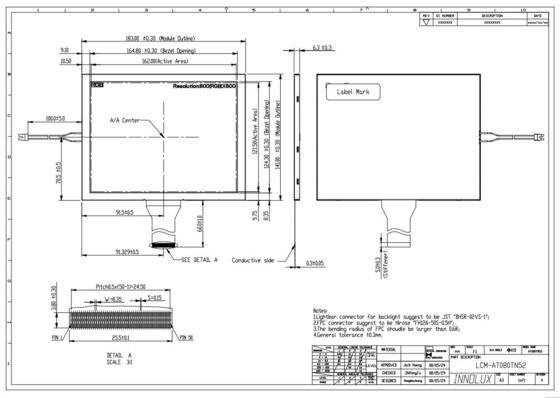 AT080TN52 Innolux 8.0 pouces Module LCD 800*RGB*600 Panneau d'affichage numérique