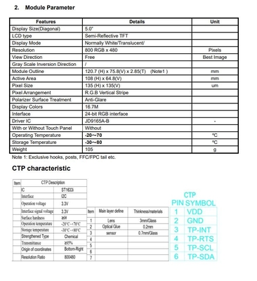 Module LCD TFT semi-réfléchissant de 5 pouces 800*RGB*480 Vue libre avec JD9165A-B CTP