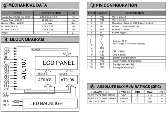 Module LCD graphique 128*64 FSTN 6H AT0108 AT0107 avec écran industriel à rétroéclairage LED PCB