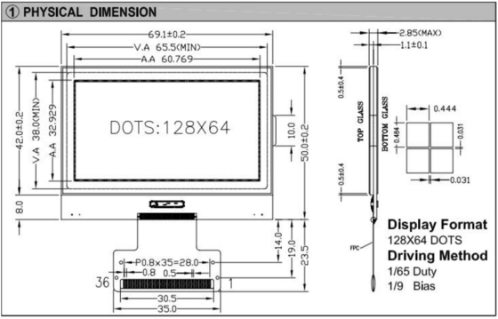 Module LCD graphique 128*64 FPC Interface ST7565 Affichage industriel à large température à 3,3 v