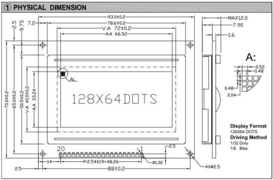 Connecteur 20PIN 128*64 Module graphique LCD Monochrome STN Couleur en option avec rétroéclairage