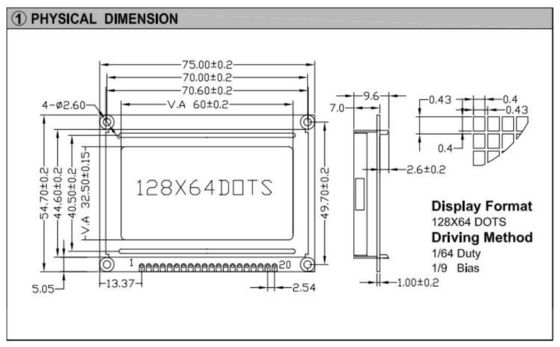 Module graphique LCD couleur 128*64 Optionnel 20 PIN AT0107/AT0108 STN Affichage à large température Utilisation industrielle