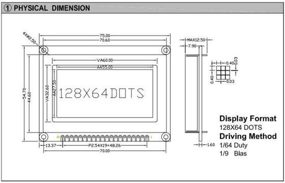Module LCD graphique STN 128*64 avec rétroéclairage LED monochrome 20 broches ST7565 3,5 V