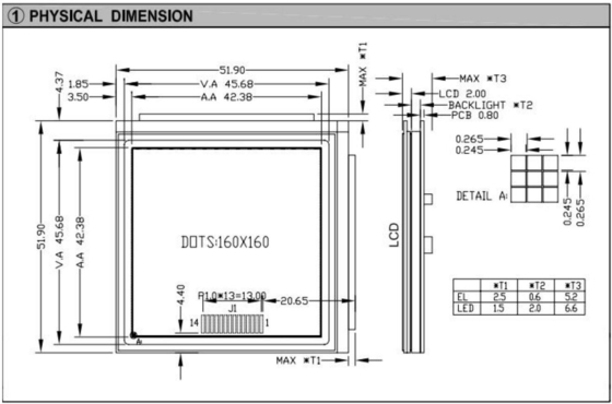 Module LCD graphique 160*160 carré avec rétroéclairage PCB NT7701 Affichage industriel à grande température