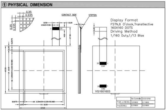 160*160 Module LCD graphique FSTN 6H Affichage industriel carré 60*60 mm avec rétroéclairage