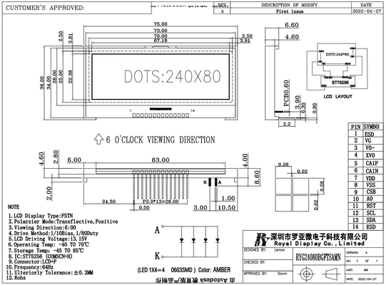 240*80 Module LCD graphique FSTN 6H Affichage industriel à très grande température