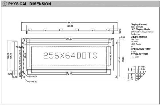 256*64 Module graphique LCD STN Jaune Vert 6H Affichage industriel positif