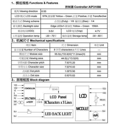 Module LCD de 8*1 caractères 6H STN Jaune-vert Température positive large avec écran industriel rétroéclairé