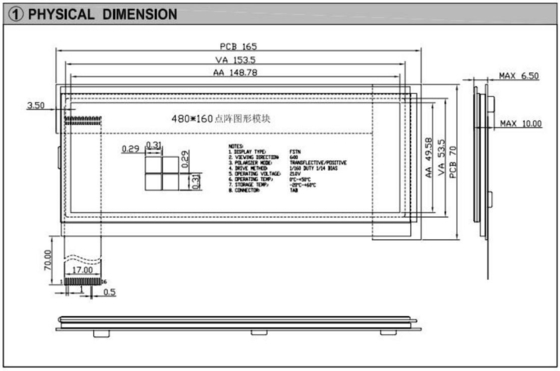 480*160 Module LCD graphique FSTN 6H Affichage industriel positif réfléchissant