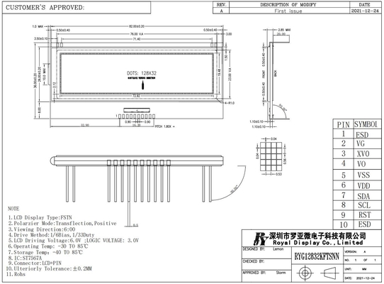 128*32 FSTN graphique transflectif positif 6H ST7567A affichage industriel à température super large 10 broches
