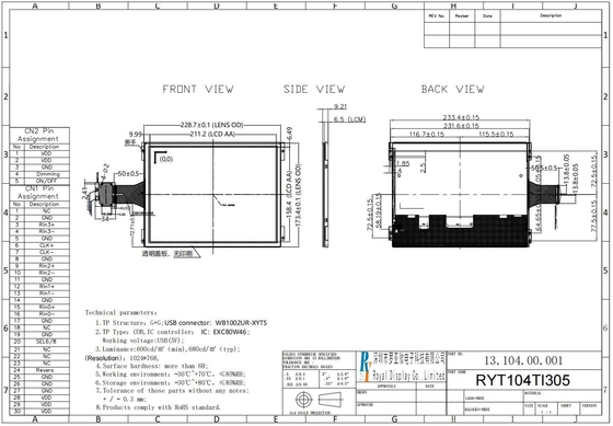 10.4'' TFT 1024*RGB*768 large température LCD module avec le toucher