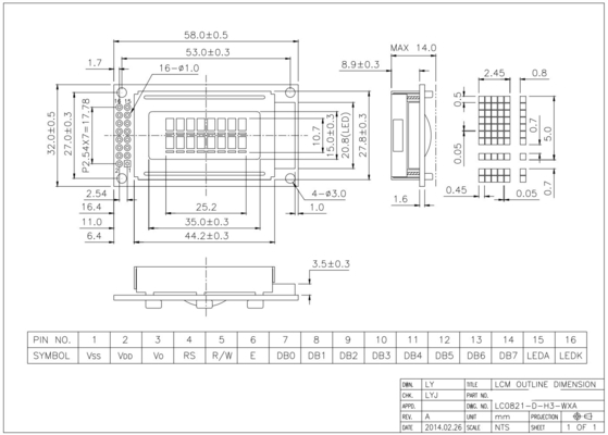 Module LCD à large température de 8*2 caractères STN monochrome 6H