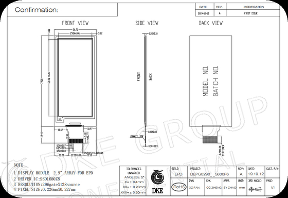 2.9'' 296*128 Interface MCU Matrice active Affichage électronique sur papier