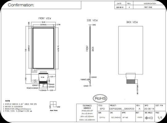2.66' 152*296 SSD1680Z8 Interface SPI Affichage sur papier électronique
