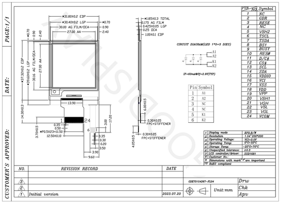 1.54'' 200*200 monochrome interface SPI affichage en papier électronique EPD