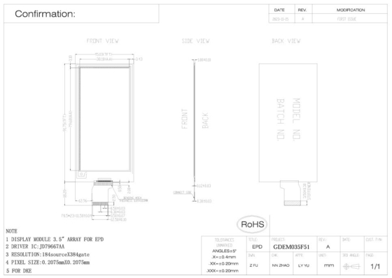 3.52'4 Couleur 384*184 Jd79667AA Basé sur E-Paper Display EPD