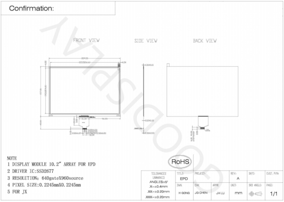 10.2'4 Couleur 640*960 E-papier Affichage SSD2677 Basé sur EPD