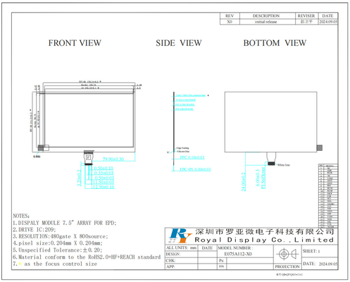7.5'' monochrome 800*480 grayscale Affichage LCD en papier électronique Module pour ESL