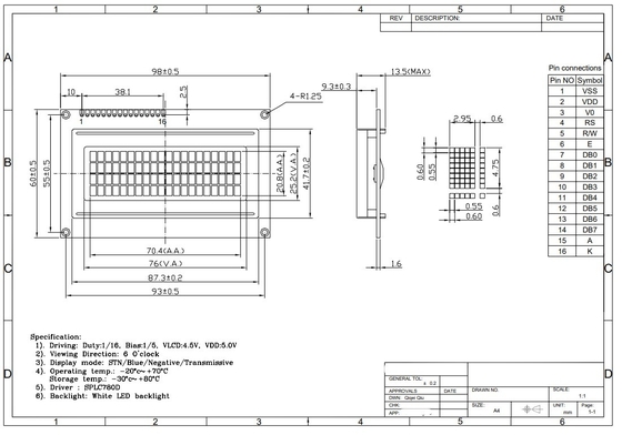 20*4 STN Bleu 6H 5V caractère positif LCD Module d'affichage industriel