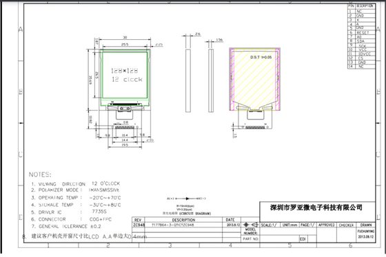 1,44 dent Fpc d'affichage d'affichage à cristaux liquides de place de pouce 128X128 avec l'interface de 4W SPI